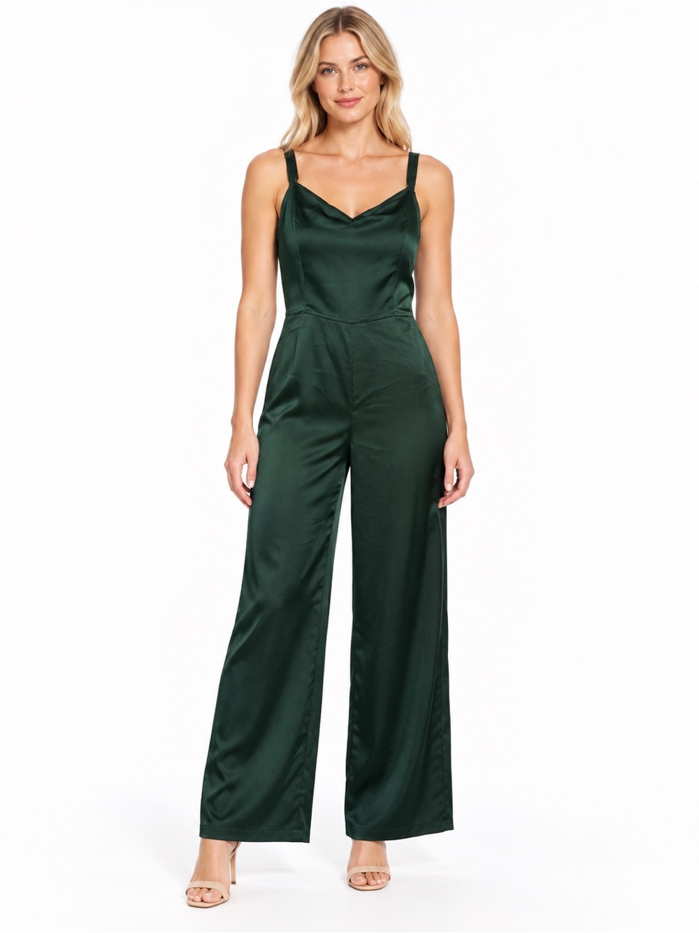 Abercrombie & Fitch Size Large Satin Wide-Leg Jumpsuit in Forest Green